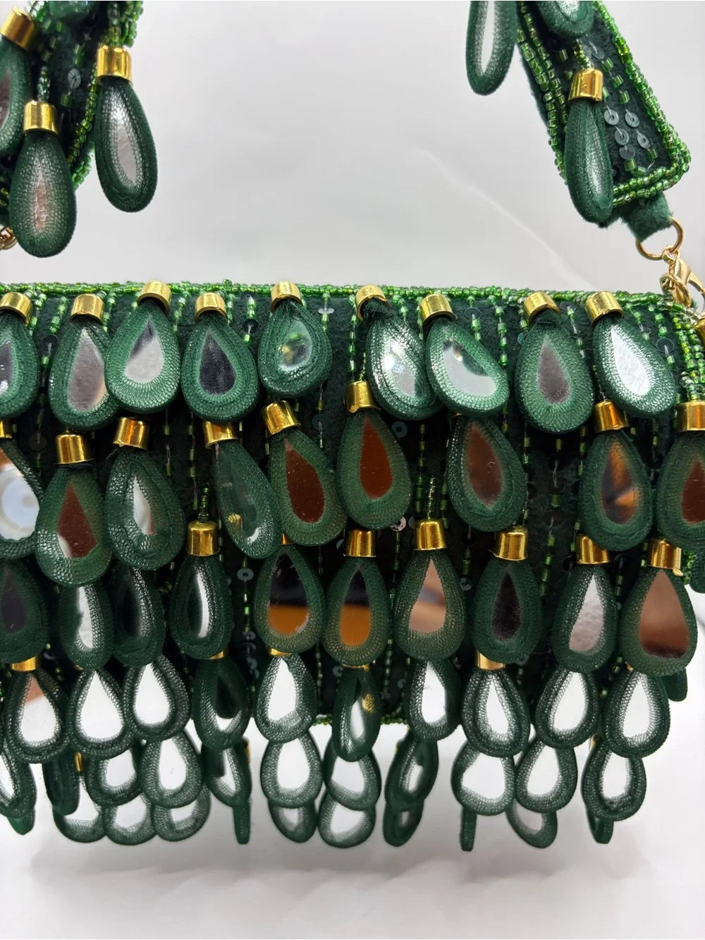 Green Beaded Mirror Glass Teardrop Fringe Shoulder Bag